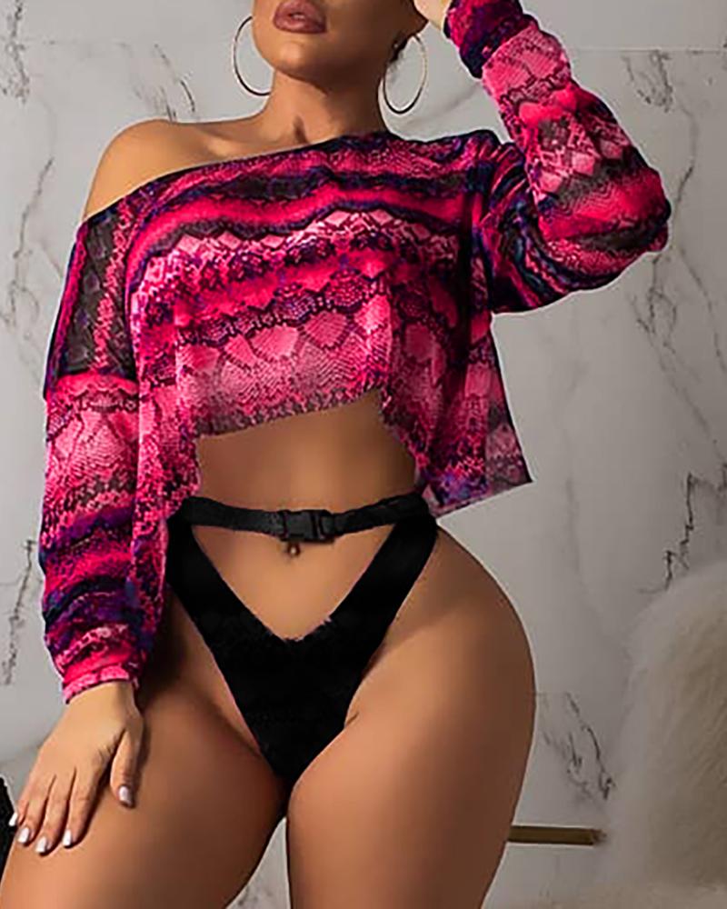 

O-neck Long Sleeve Print Top, Purple