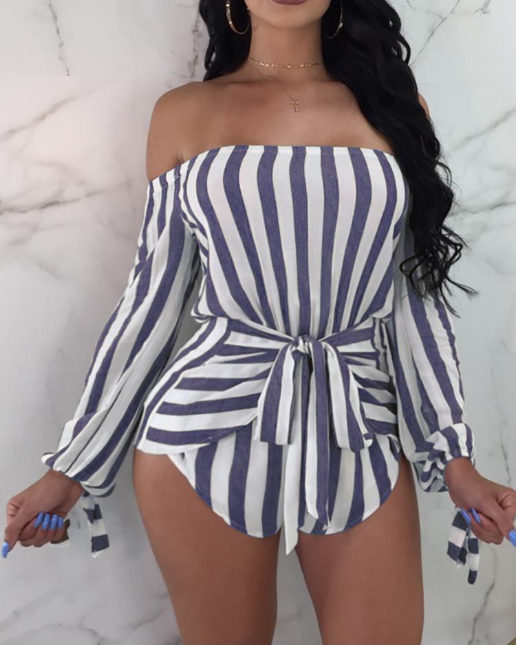 

Sexy Off Shoulder Striped Belted Playsuit