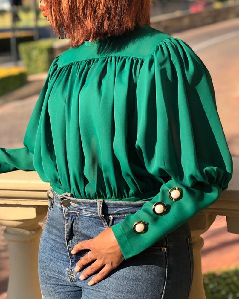 

Solid Long Sleeve Buttoned Design Ruched Blouse
