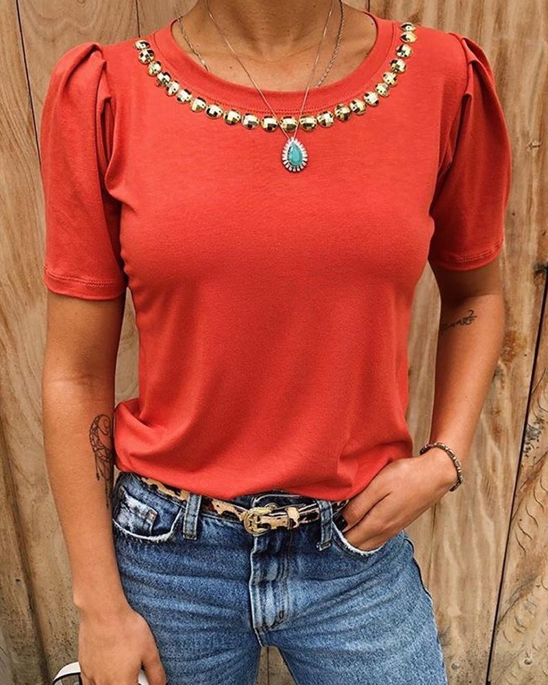 

Short Sleeve Solid Round Neck T-shirt, Red