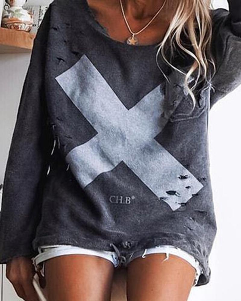 

Letter Print Hollow Out T-shirt, Gray