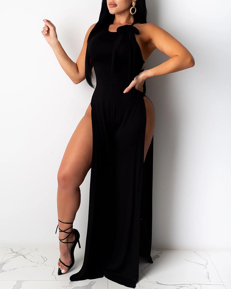 

Lace-up Back High Slit Jumpsuit, Black