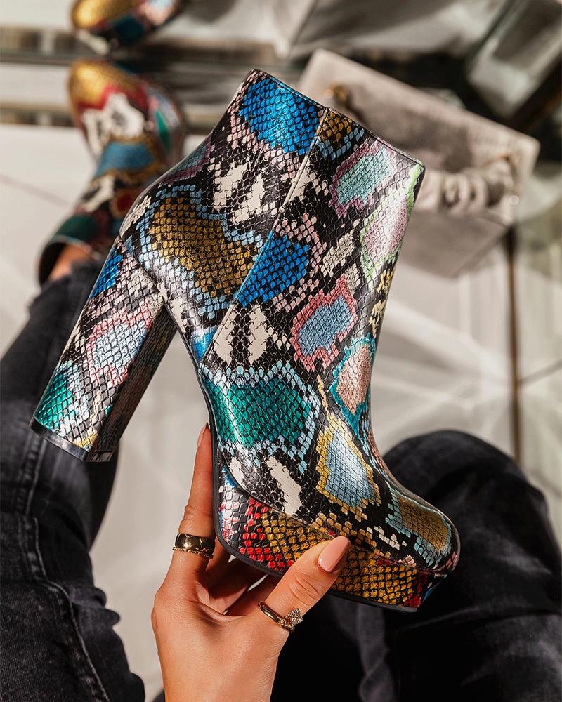 

Snakeskin Round-toe Block Ankle Boots