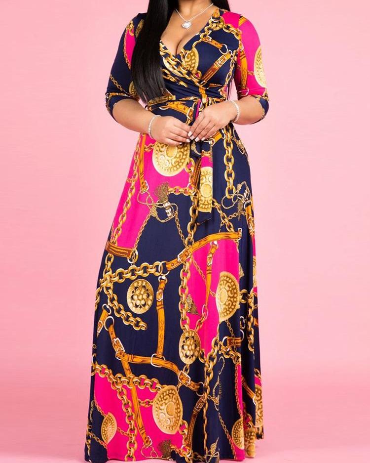 

Chain Printed V-Neck Maxi Dress, Hot pink