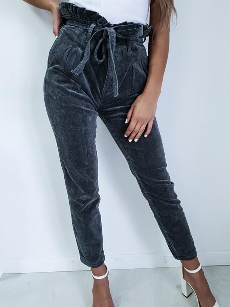 

Corduroy Frills Trim Tie Waist Pants, Dark blue