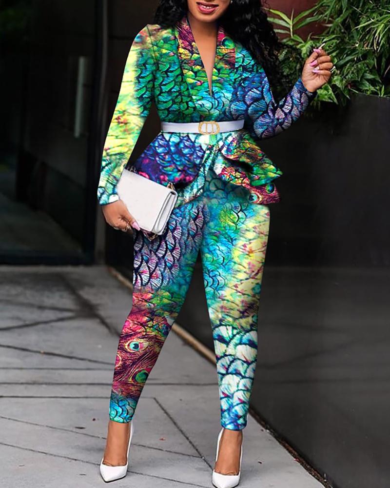 

V-Neck Layered Ruffles Print Long Sleeve Blazer & Pants Sets, Green