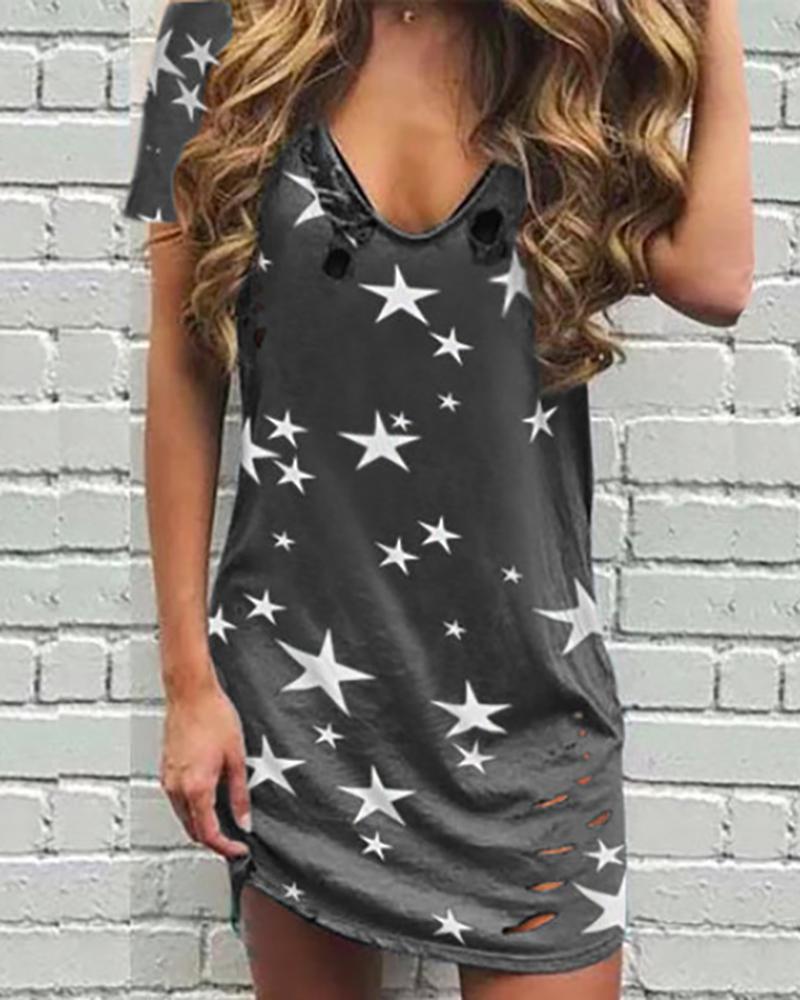 

V-neck Star Print Cut Out T-shirt, Dark grey