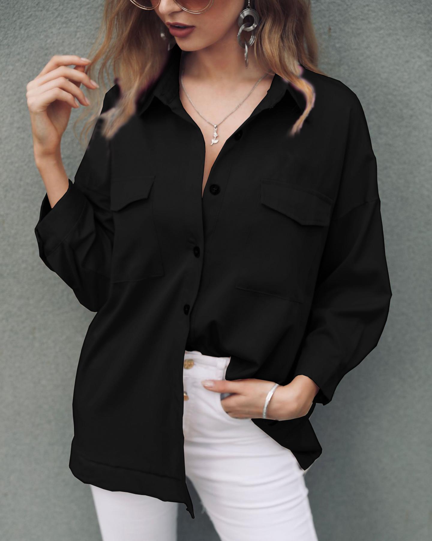 

Solid Long Sleeve Pocket Casual Shirt