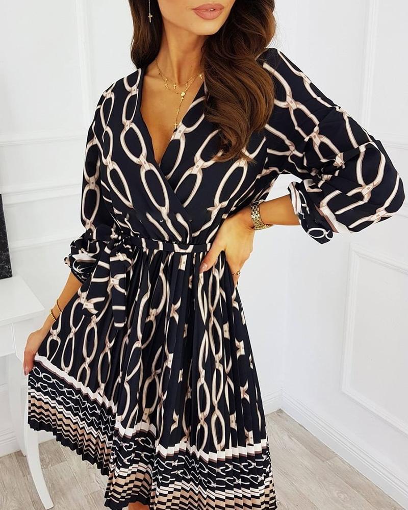 

Print Ruched V-neck Casual Wrap Dress, Black