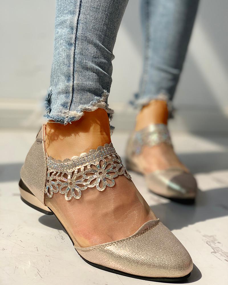 

Patchwork Mesh See Through Heeled Sandals, Gold