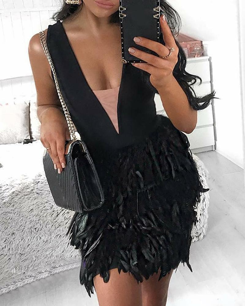 

Plunge Sleeveless Feather Insert Party Dress, Black