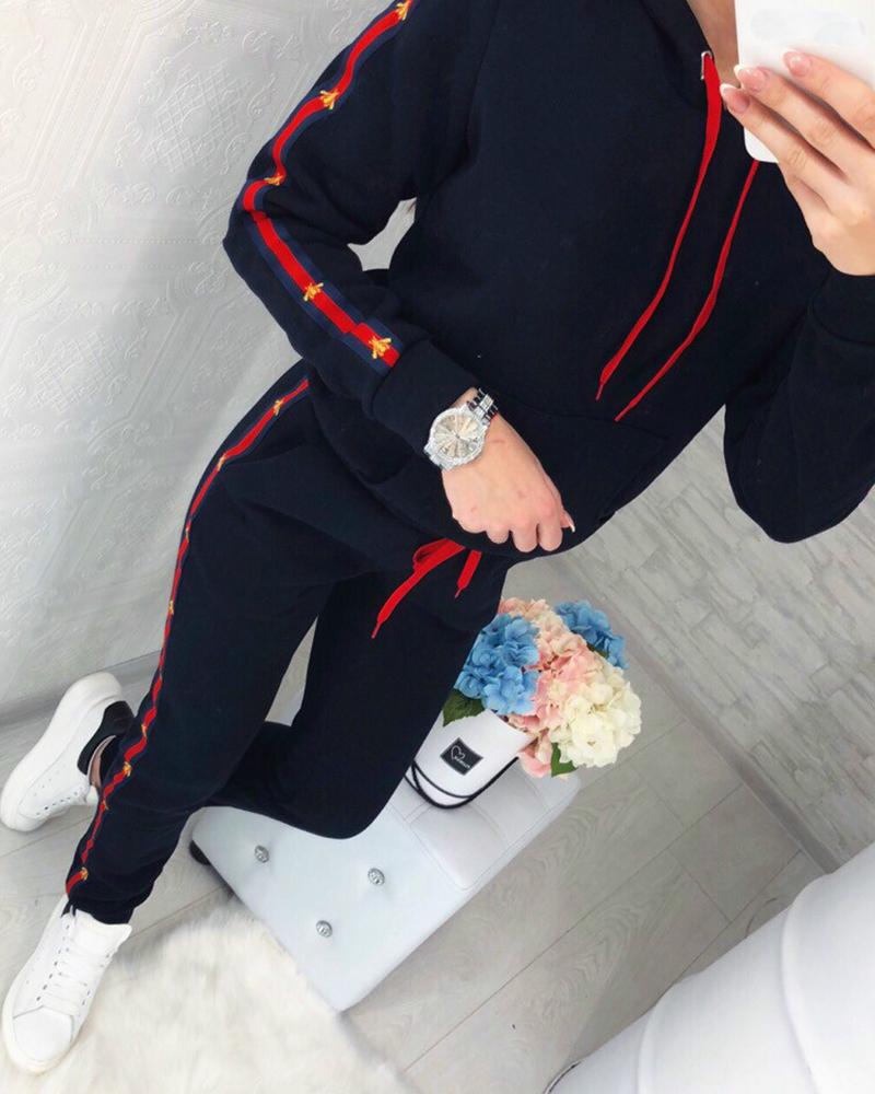 

Side Stripe Hooded Casual Tracksuit, Dark blue