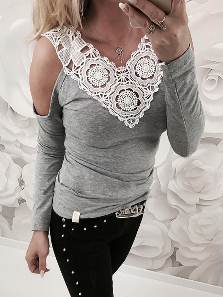 

Casual Lace Splicing Cold Shoulder V Neck T-Shirt