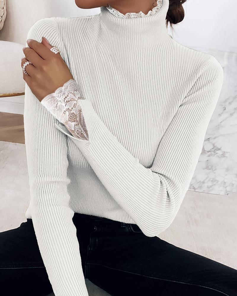 

High Neck Lace Trim Slit Long Sleeve Sweater, White