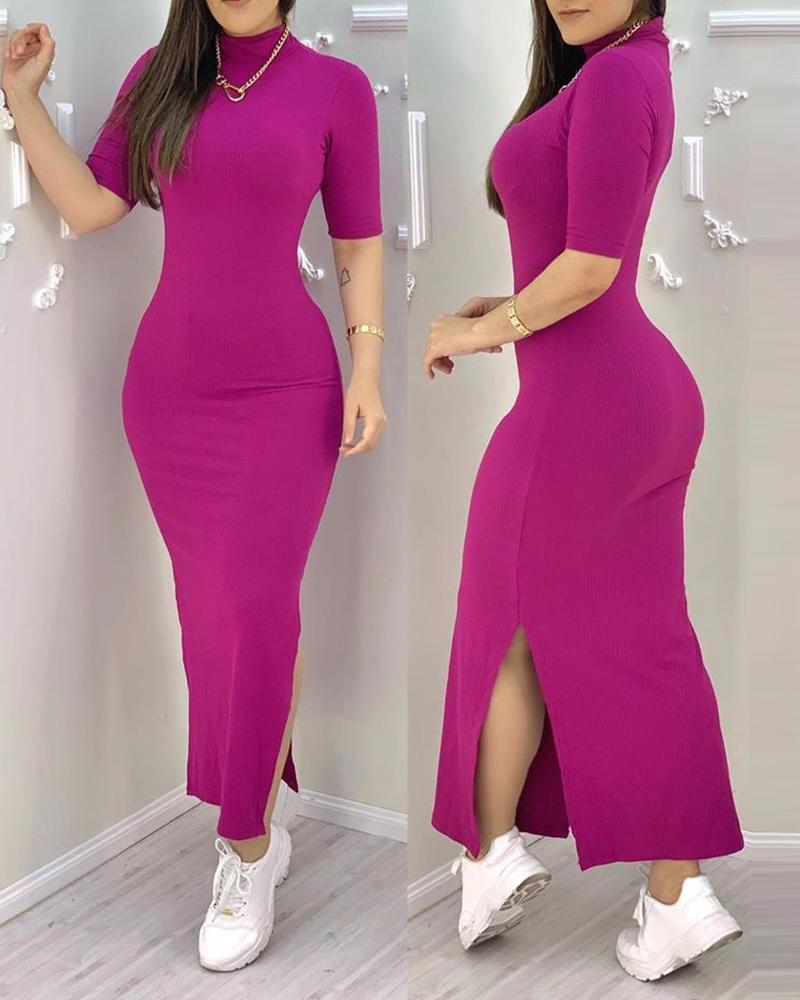 

Solid Slit Short Sleeve Maxi Dress, Hot pink