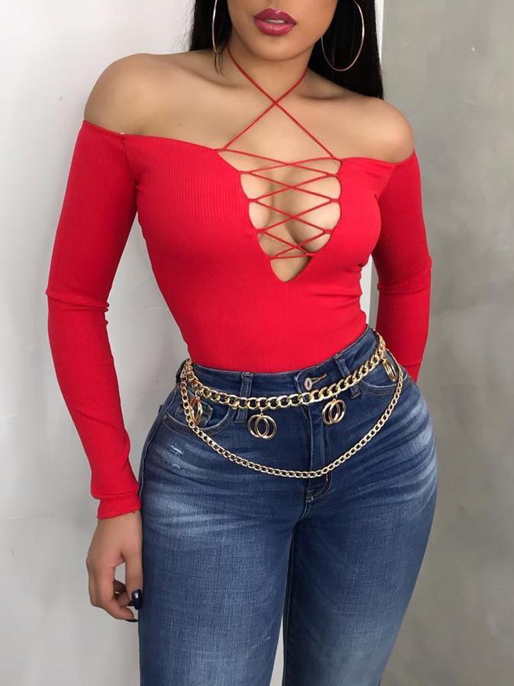 

Off Shoulder Halter Lace-Up Blouse, Red