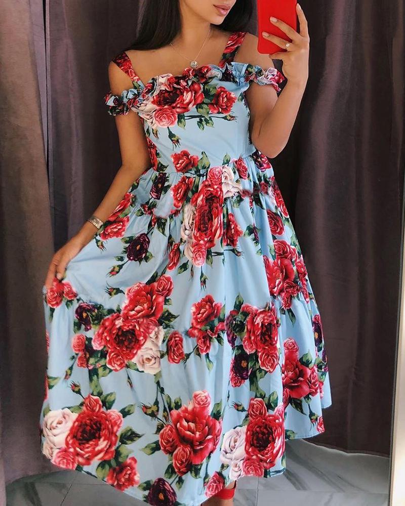 

Floral Print Cold Shoulder Frill Hem Dress, Light blue