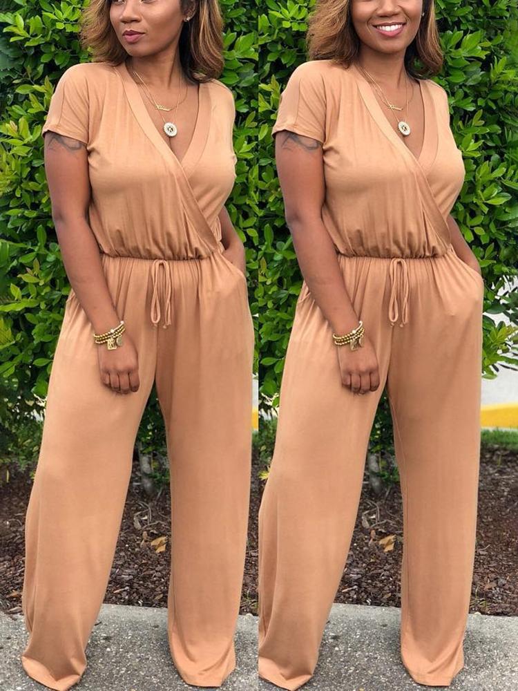 

Solid Drawstring Wrapped Wide Leg Jumpsuit