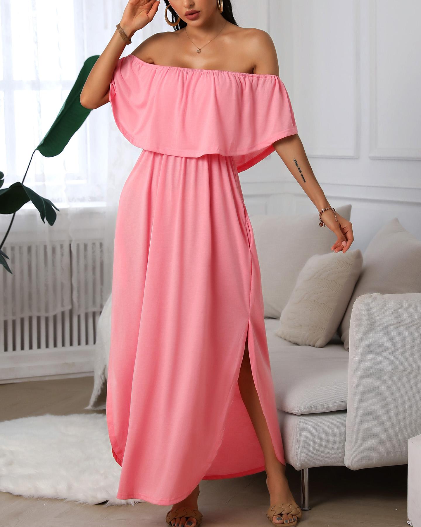 

Off Shoulder Ruffle Maxi Dress, Pink