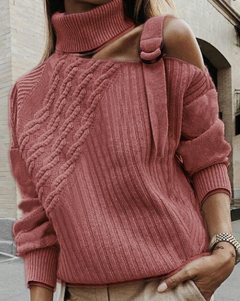 

Solid High Neck Cut Out Knitting Sweater, Pink