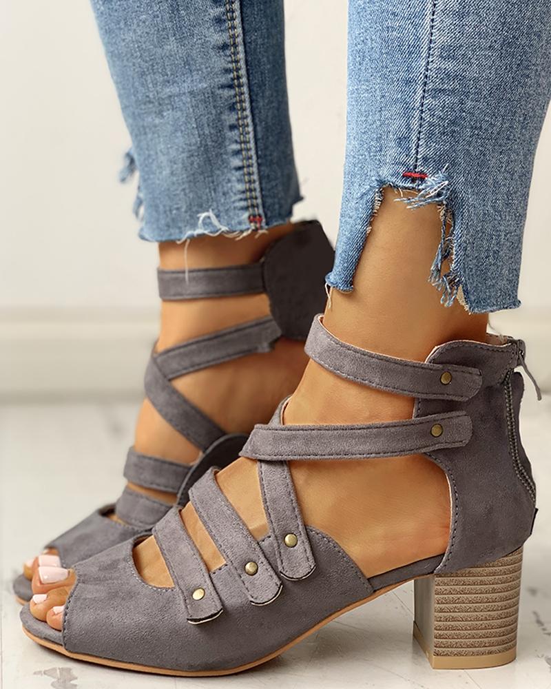 

Peep Toe Multi-Strap Chunky Heels, Gray