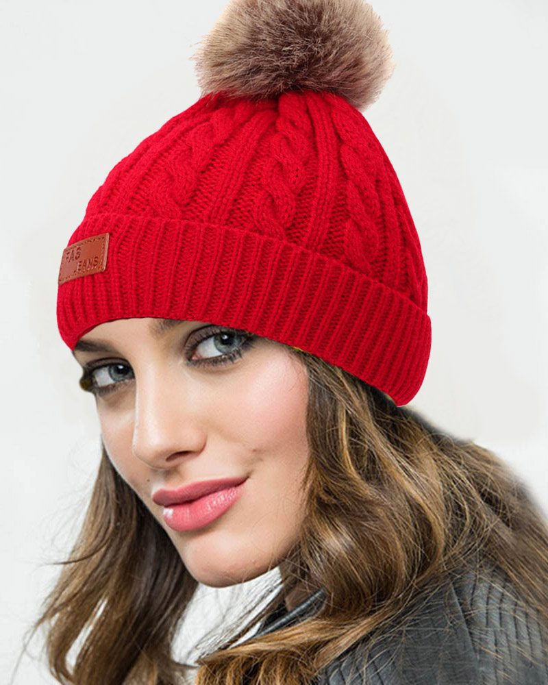 

Pom Pom Decor Braided Beanie, Red