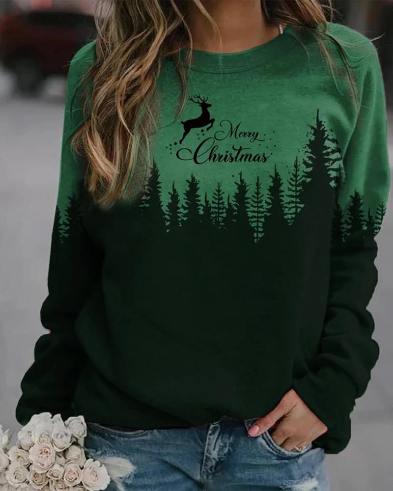 

Christmas Long Sleeve Mixed Print Casual Sweatshirt, Green