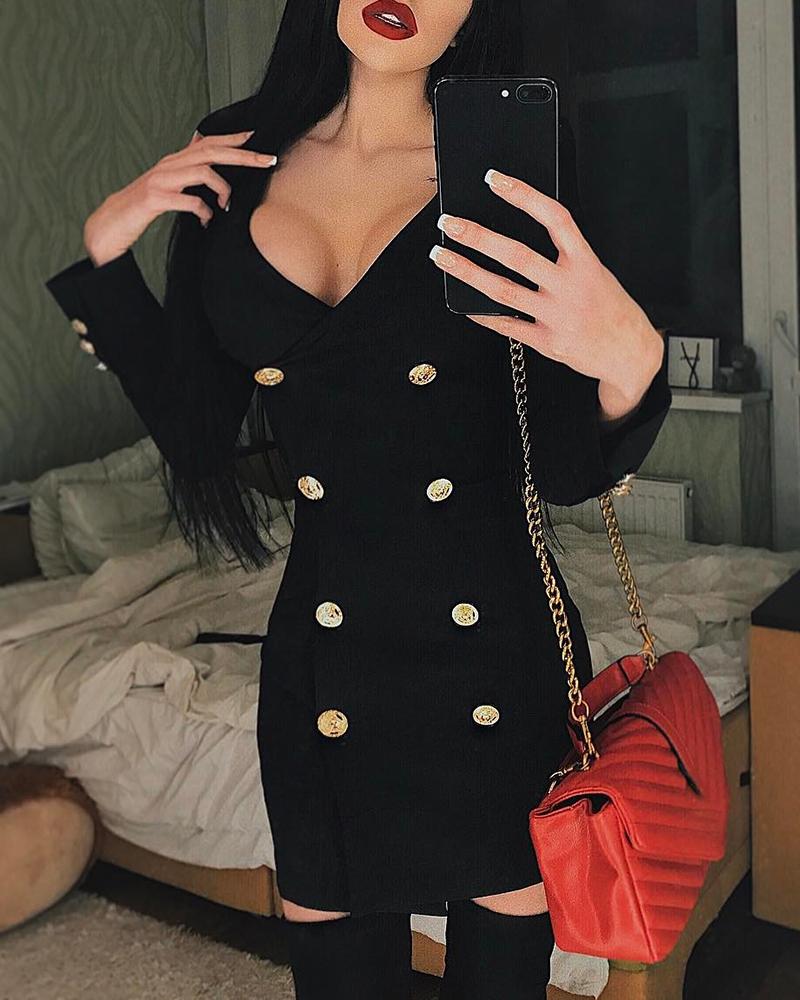 

Double Breasted V Neck Wrapped Dress, Black