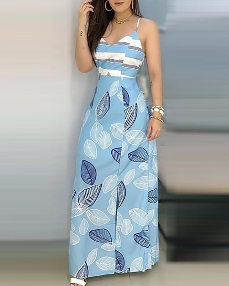 

Leaf Print Striped Colorblock Backless Maxi Dress, Blue