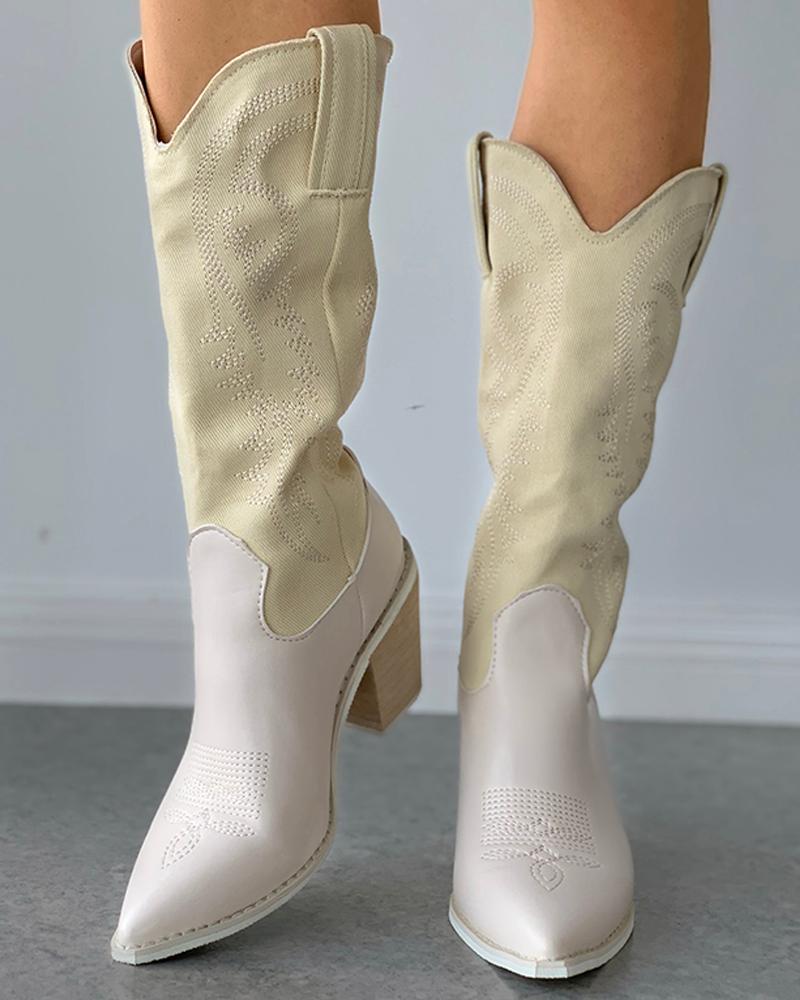 

Pointed Toe Embroidery Chunky Heeled Boots, Beige