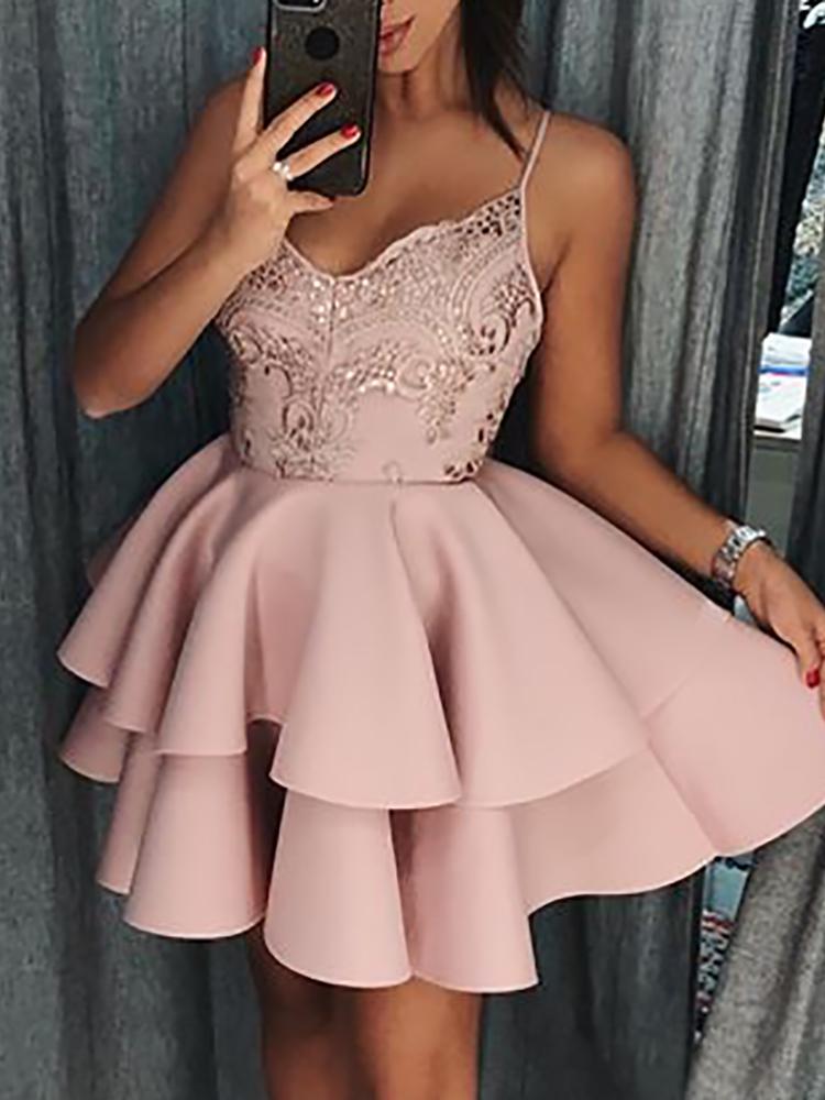 

Crochet Lace Ruffles Layered Boxed Dress, Pink