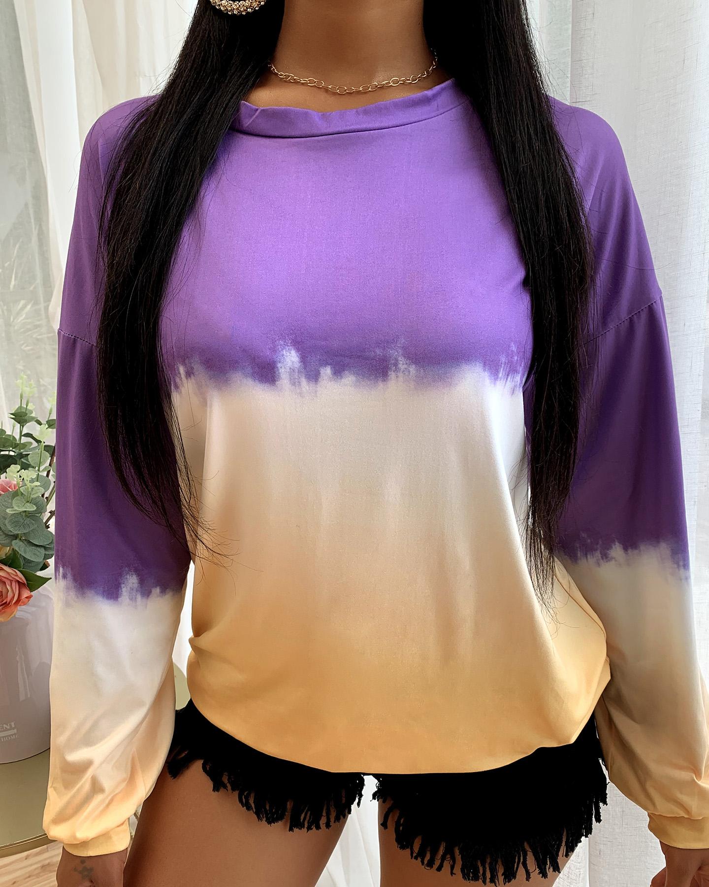 

Tie Dye Print Colorblock Long Sleeve Casual Top, Purple