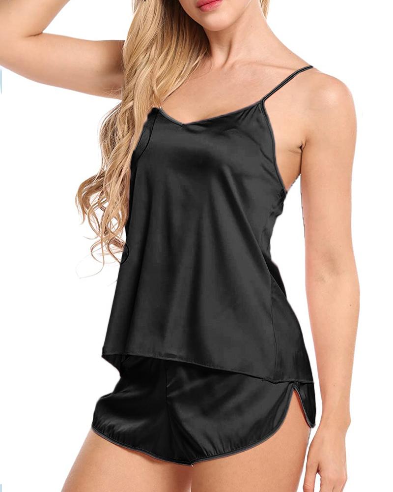 

Solid V-neck Cami Set, Black