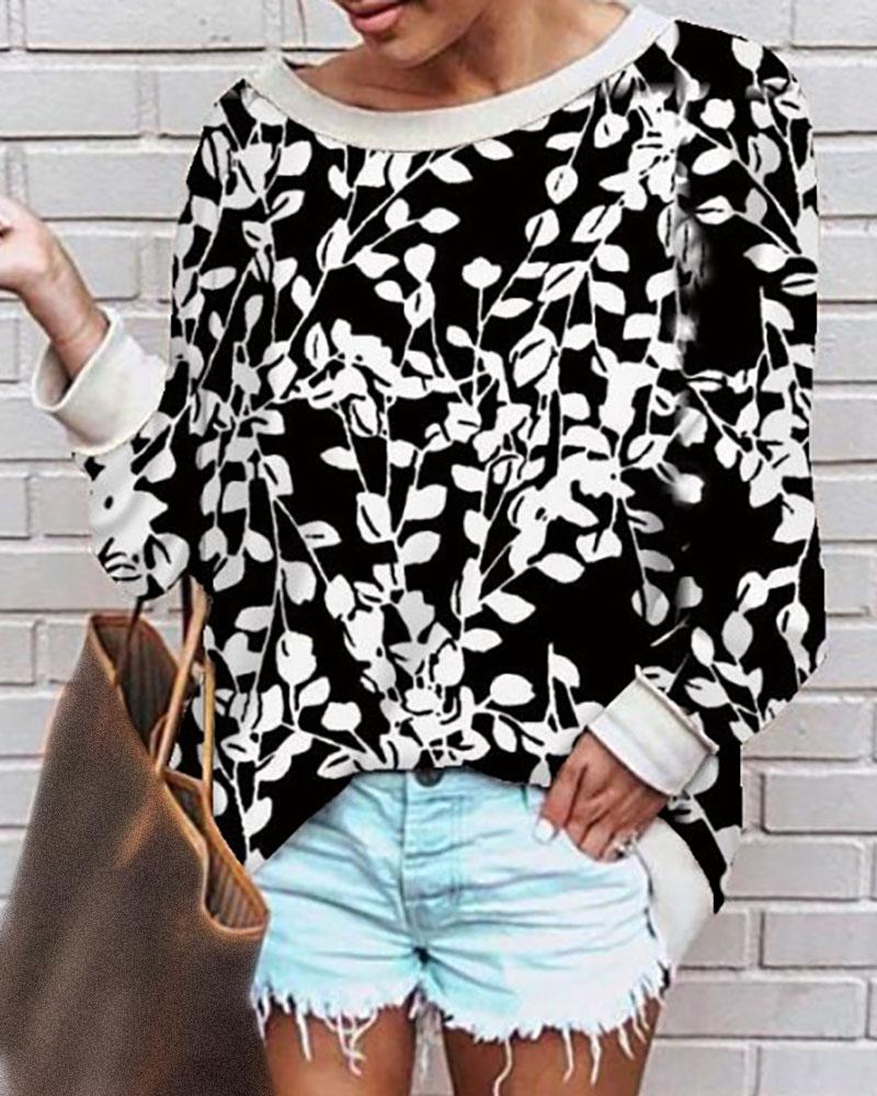 

Floral Cheetah Print Long Sleeve Casual Top, Black