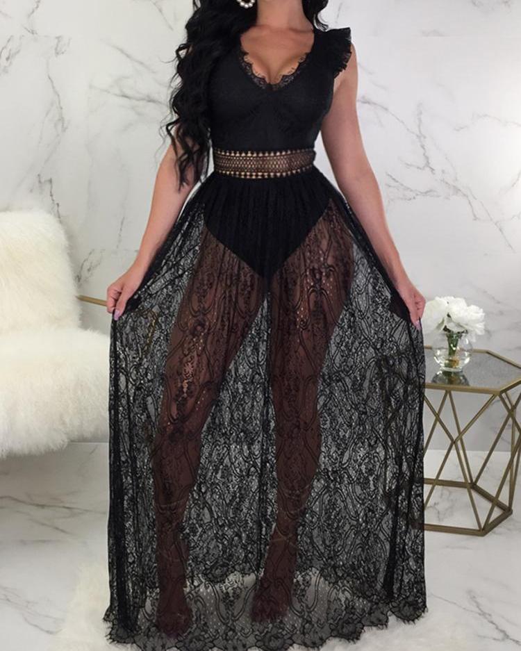 

Lace Overlay Hollow Out Backless Bodysuit Dress