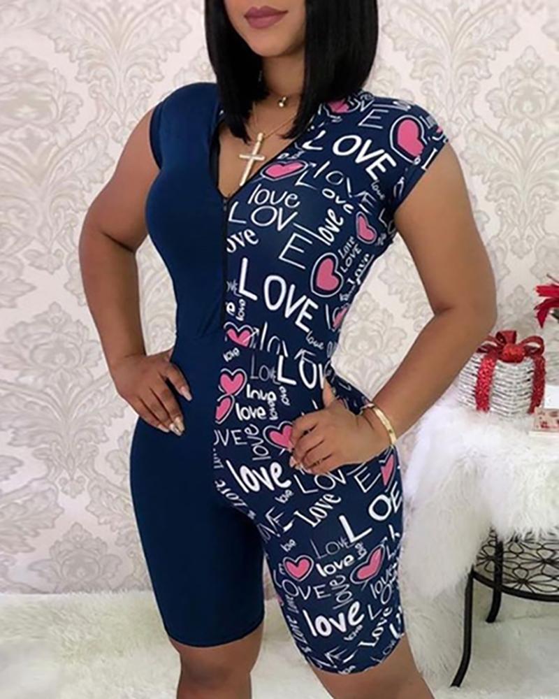 

Zipper Letter Print Patchwork Romper, Dark blue