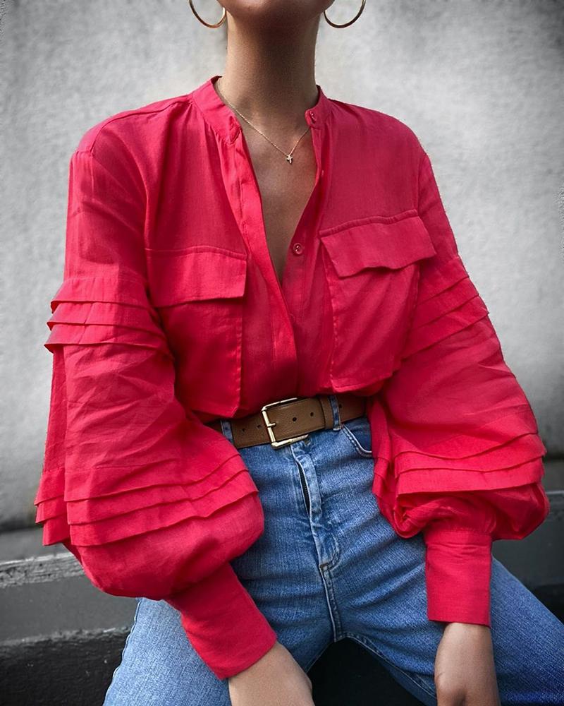 

Solid Lantern Sleeve Dual Pocket Blouse, Red