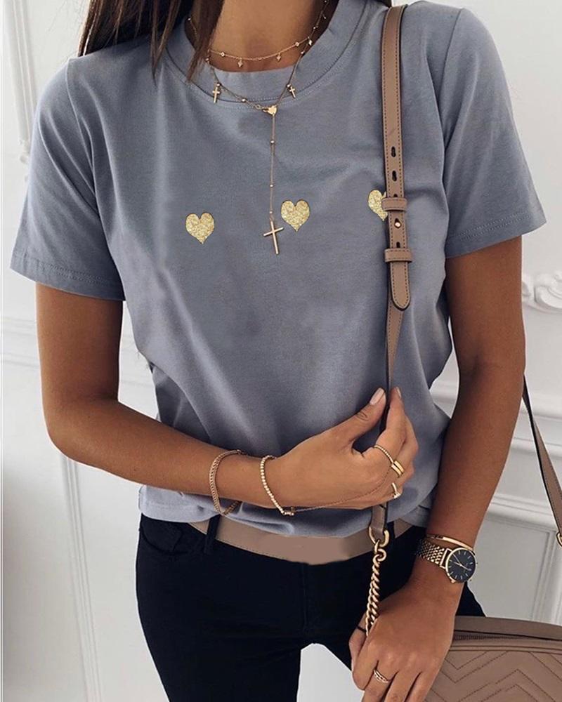 

Round Neck Heart Sequins T-shirt, Gray