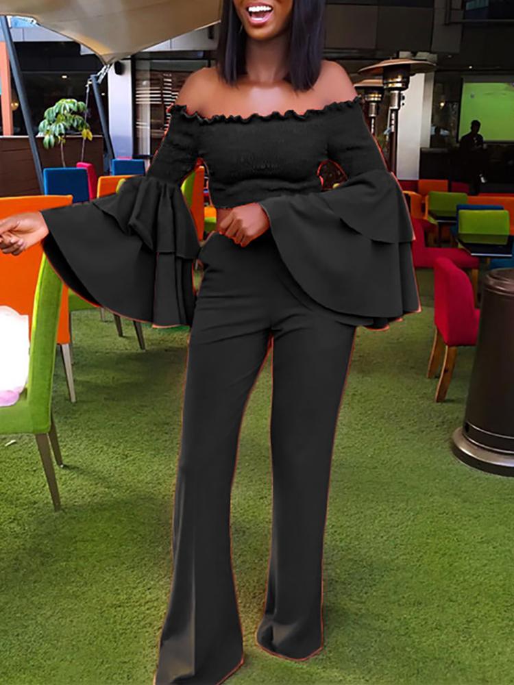

Solid Shirring Ruffles Sleeve Top & Pant Sets, Black