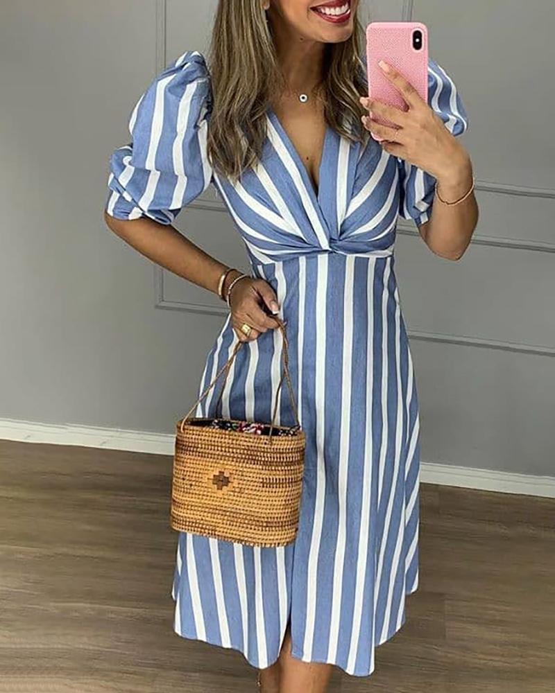 

Striped Puff Sleeve Twisted Design Casual Dress