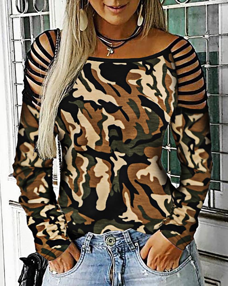 

Camouflage Ladder Cutout Tassel Sleeve T-shirt, Multicolor