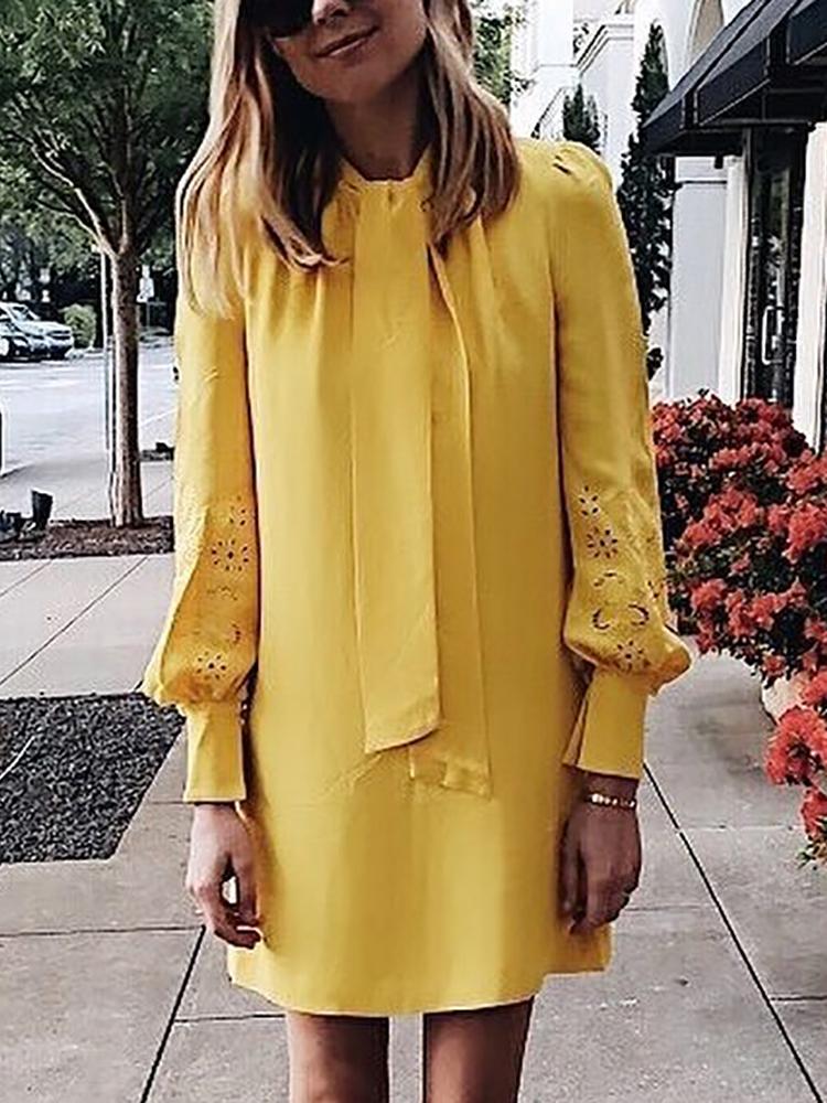 

Hollow Out Lantern Sleeve Tie Neck Casual Dress