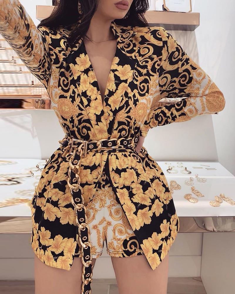 

Notched Collar Retro Print Blazer & Shorts Sets