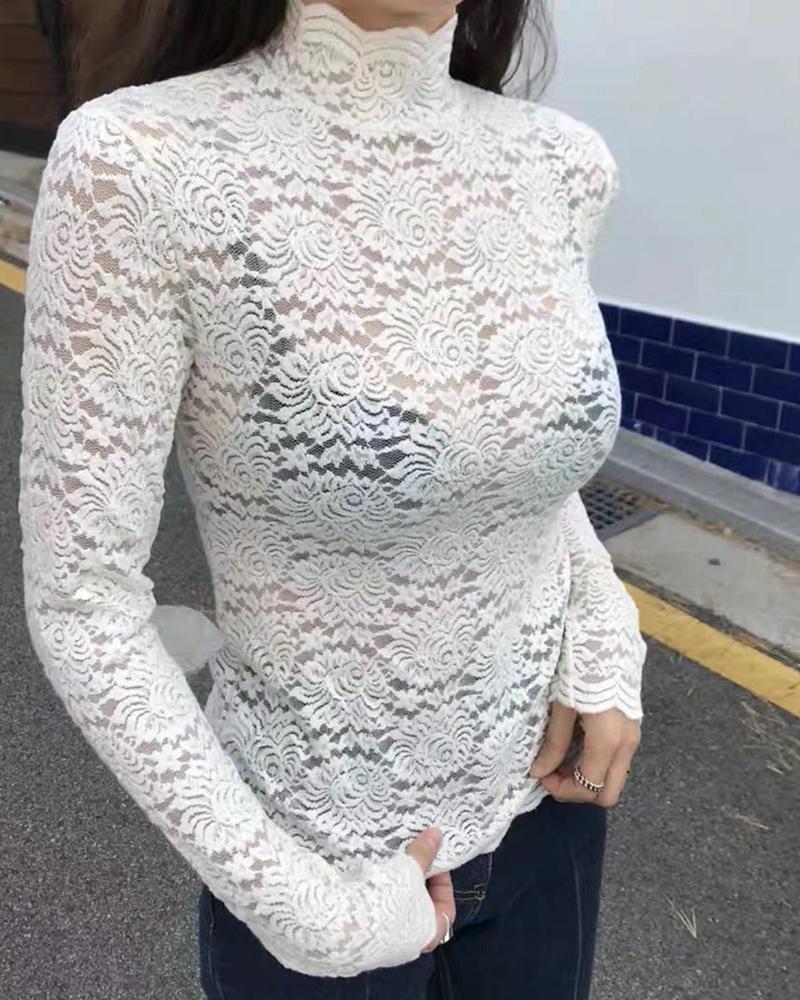 

High Neck Mesh Lace Pattern Top, White