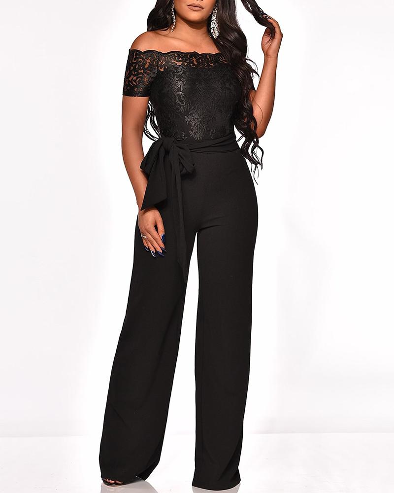 

Off Shoulder Lace Embroidery Wide Leg Jumpsuit, Black