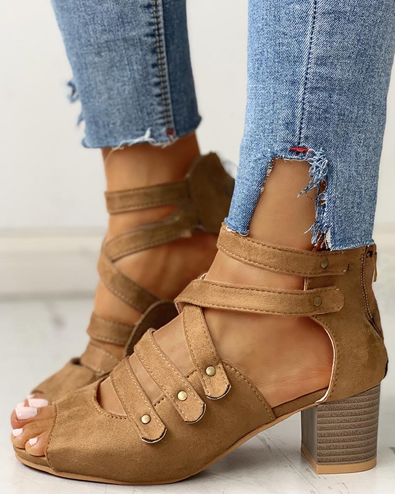

Peep Toe Multi-Strap Chunky Heels, Khaki