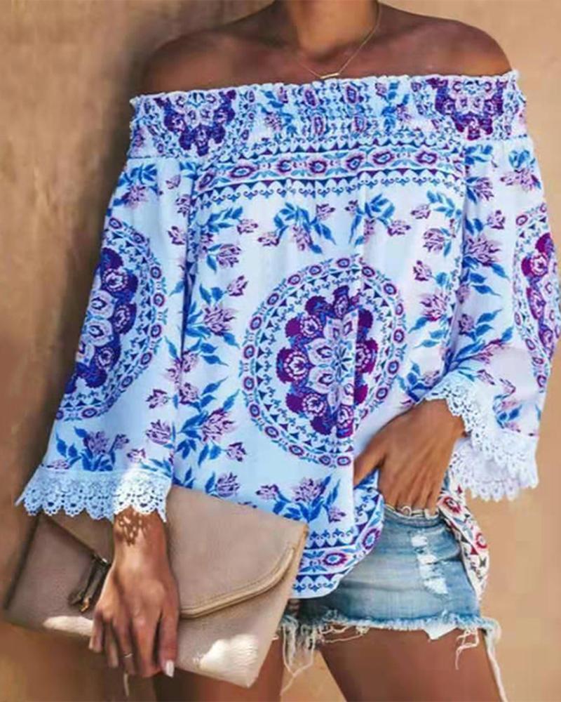 

Digitial Print Off Shoulder Bell Sleeve Loose Tops, Blue