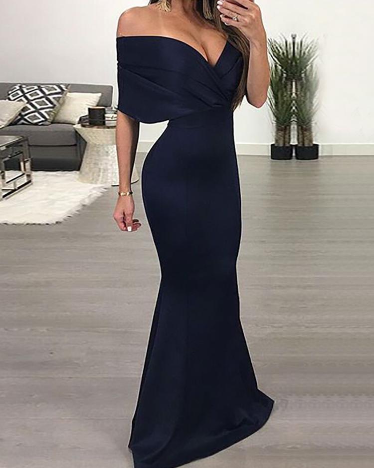 

Off Shoulder V Neck Maxi Dress, Dark blue