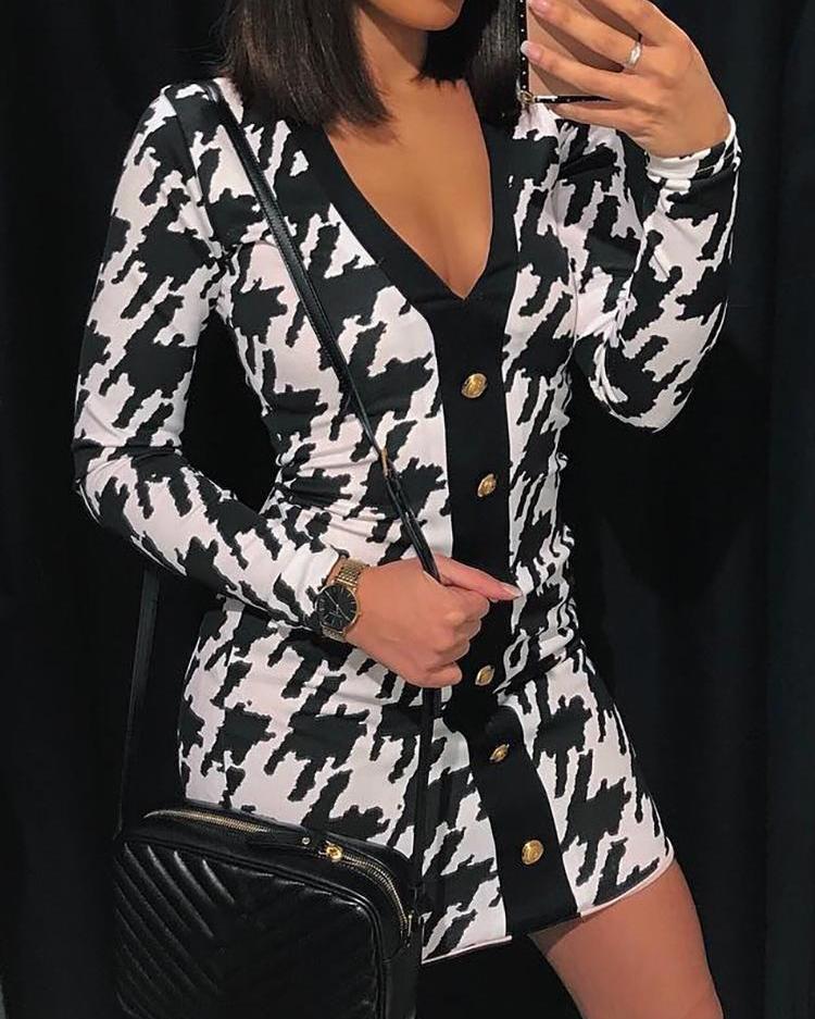 

Houndstooth Single Breasted Mini Dress, Black