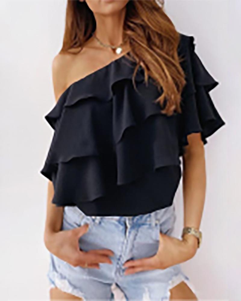 

Ruffles One Shoulder Casual Blouse, Black